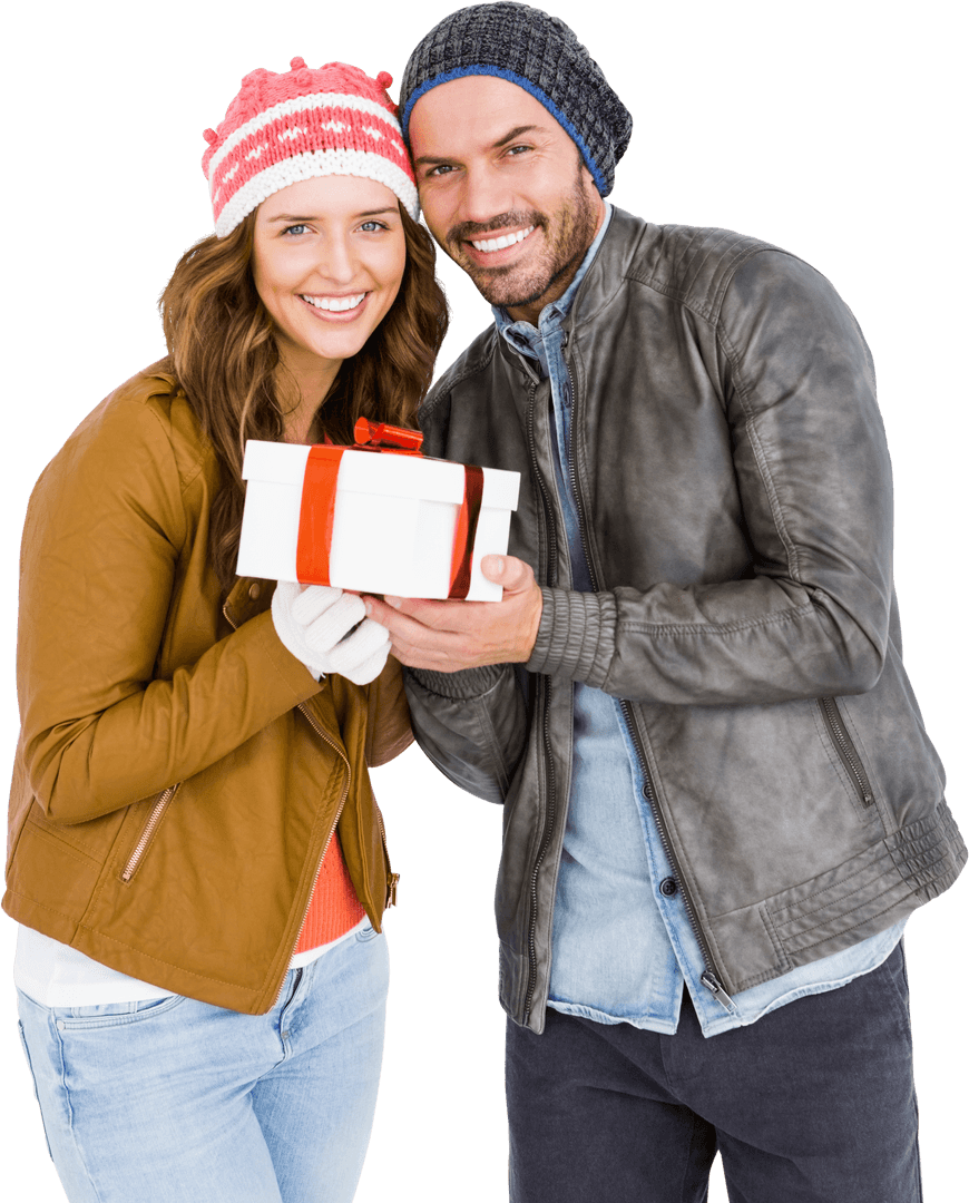 Smiling Couple Holding Present with Transparent Background Winter Clothing