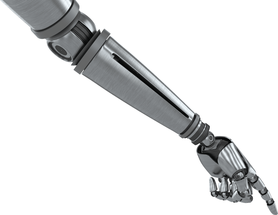 Sleek Metal Robotic Arm with Pointing Gesture on Transparent Background