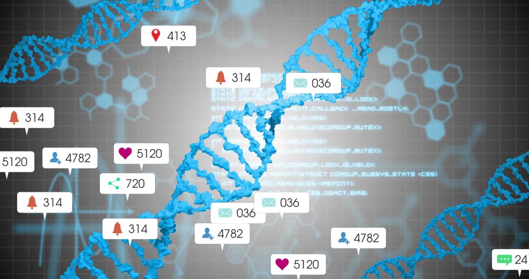 Blue 3D DNA helix showing social media badges and analytics HUD for genomics visualization