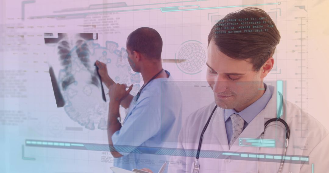 Diverse Doctors Analyzing X-ray with Digital Interface