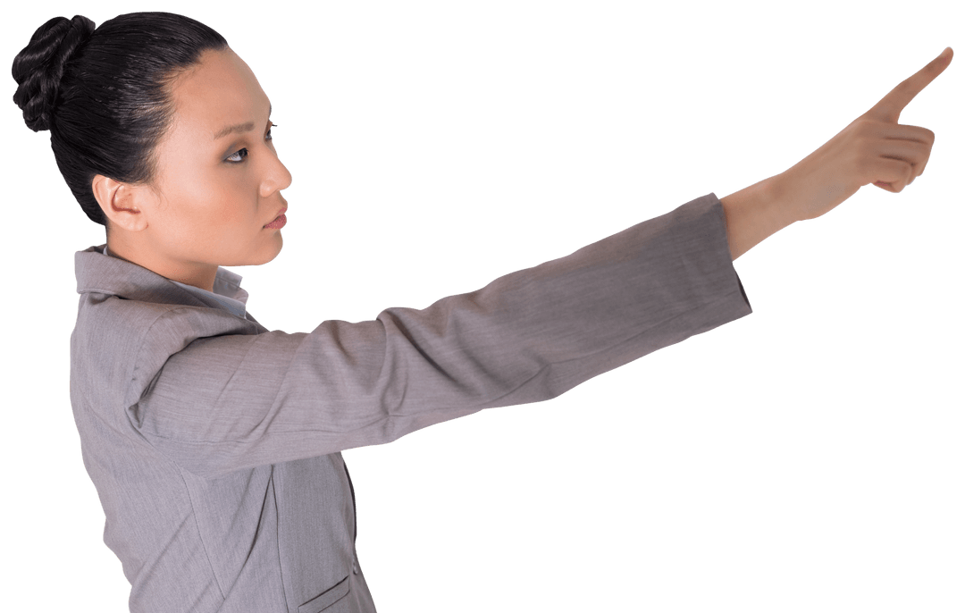Businesswoman in Grey Suit on Transparent Background Pointing Right