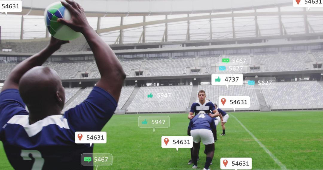 Throwing rugby lineout with social media overlay and team formation in modern stadium