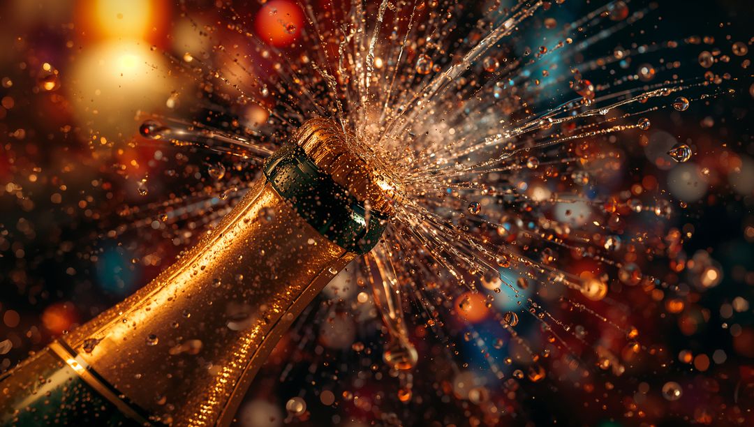 Popping Champagne Cork with Vibrant Bokeh Sparkle Splash
