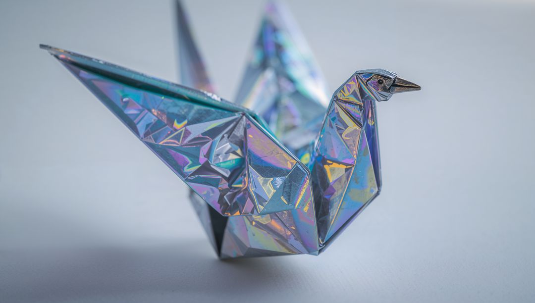 Shimmering Holographic Origami Crane Showing Iridescent Faceted Folds on Pale Tabletop