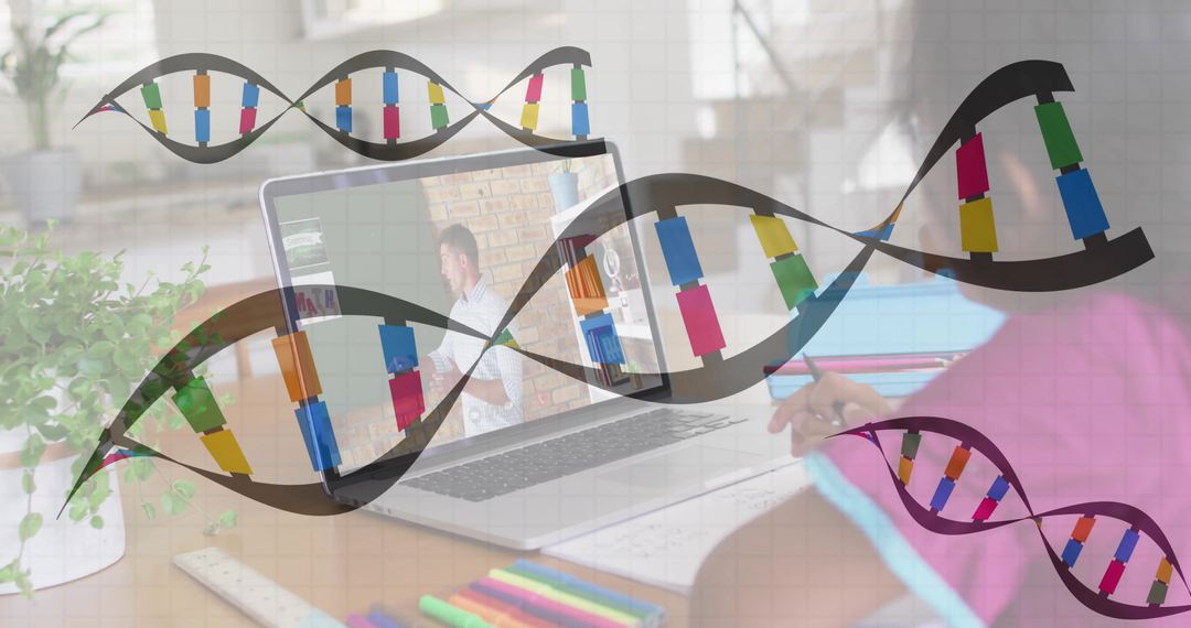 Hispanic Girl Studying Genetics on Laptop with Overlayed DNA Helix