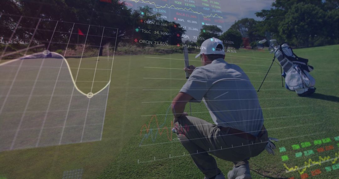 Mature Golfer Analyzing Putt on Green with Digital Charts Overlay