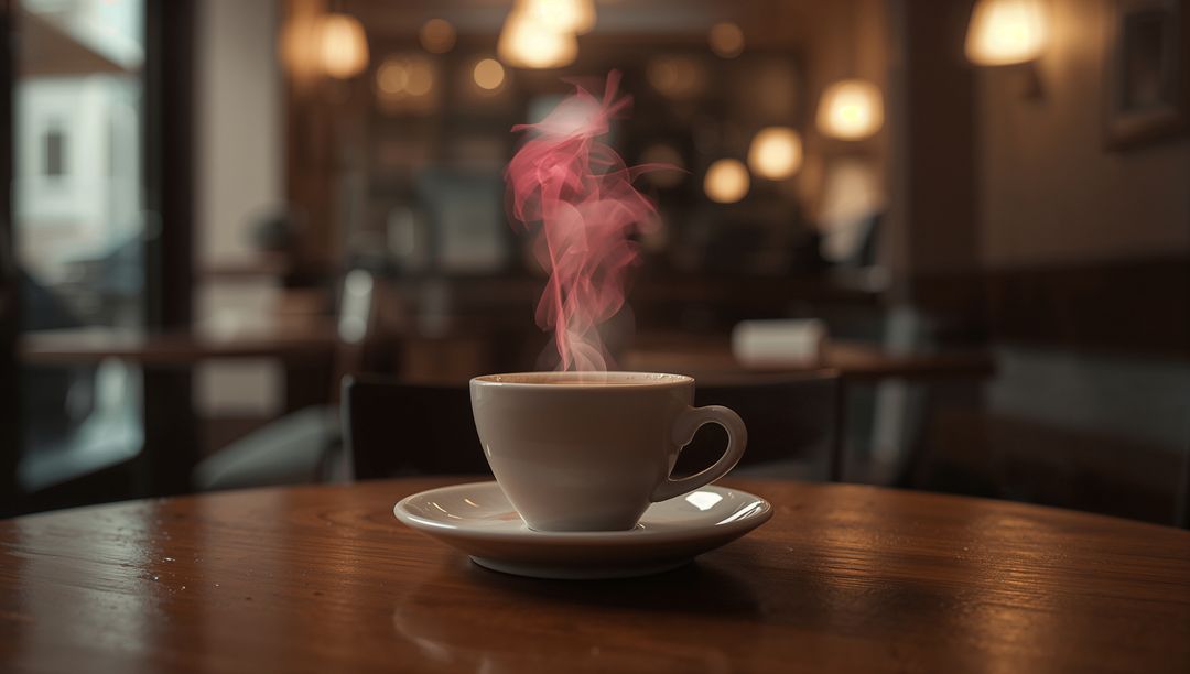 Cozy Cafe Setting with Steaming Pink-Tinted Coffee Aroma