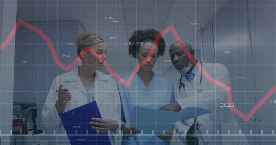 Healthcare Team Analyzing Data in Medical Setting with Graph Overlay