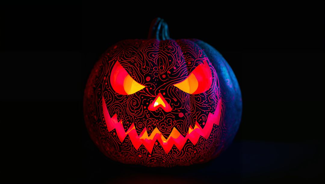 Glowing Ornate Jack-o'-Lantern with Sinister Face in Darkness