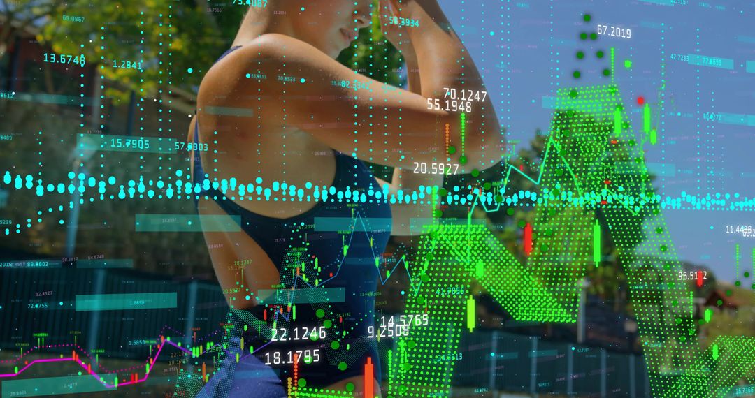 Athlete Tying Hair with Futuristic Data Chart Overlays