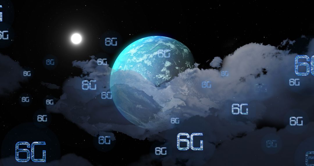 Digital 6G Network Over Earth With Clouds and Moon