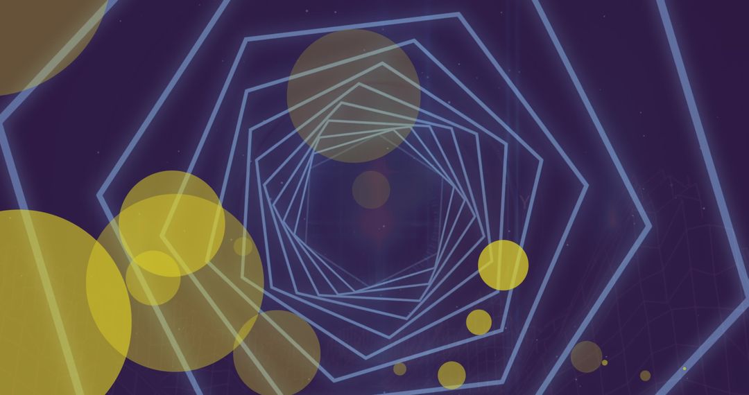 Hexagonal Network with Floating Yellow Circles on Blue Background