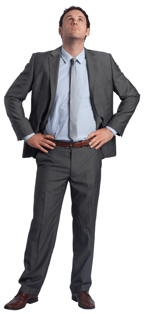 Transparent Businessman Standing with Hands on Hips Looking Up