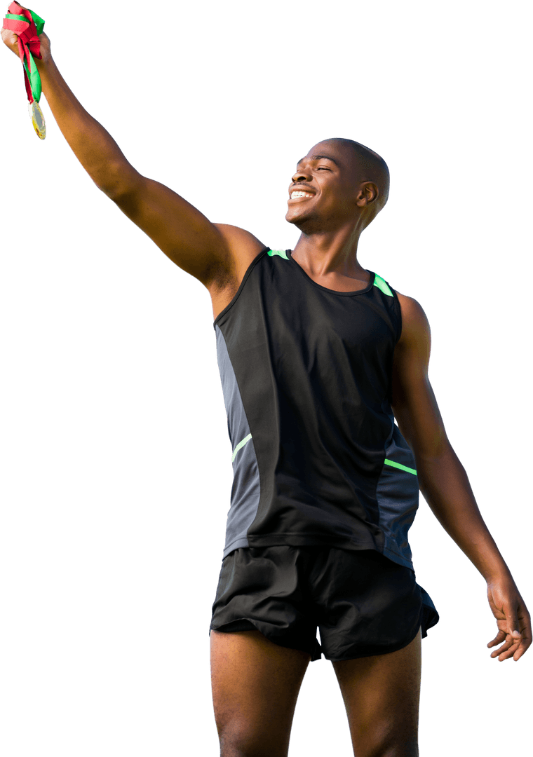 Victorious Runner Holding Gold Medal on Transparent Background