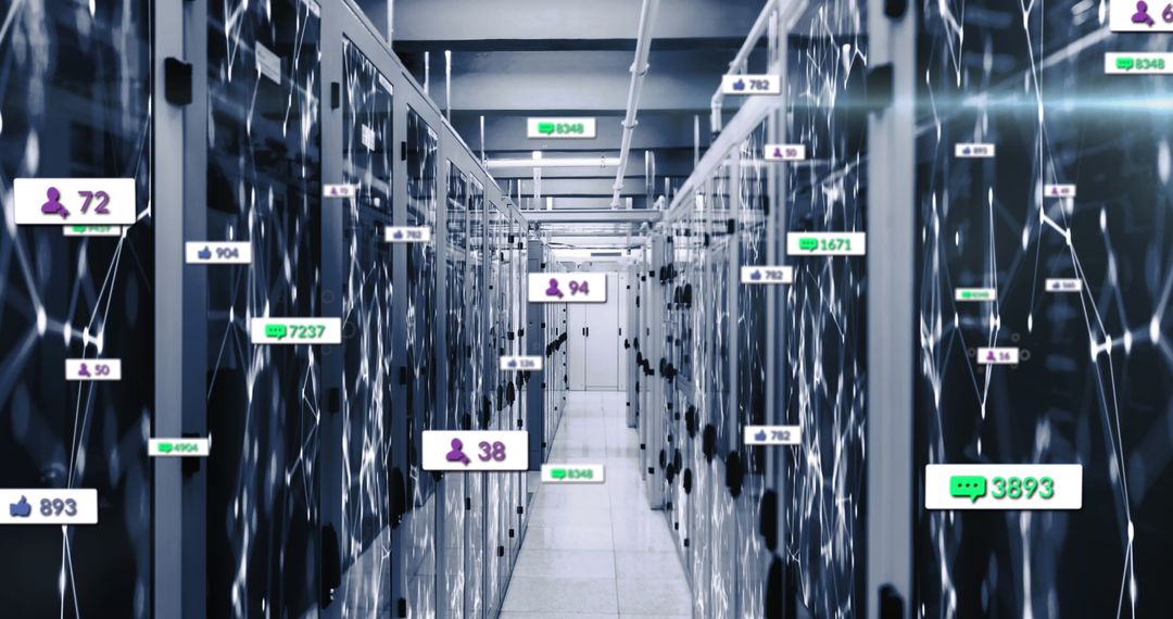 Digital Data Processing in Server Room with Connection Icons