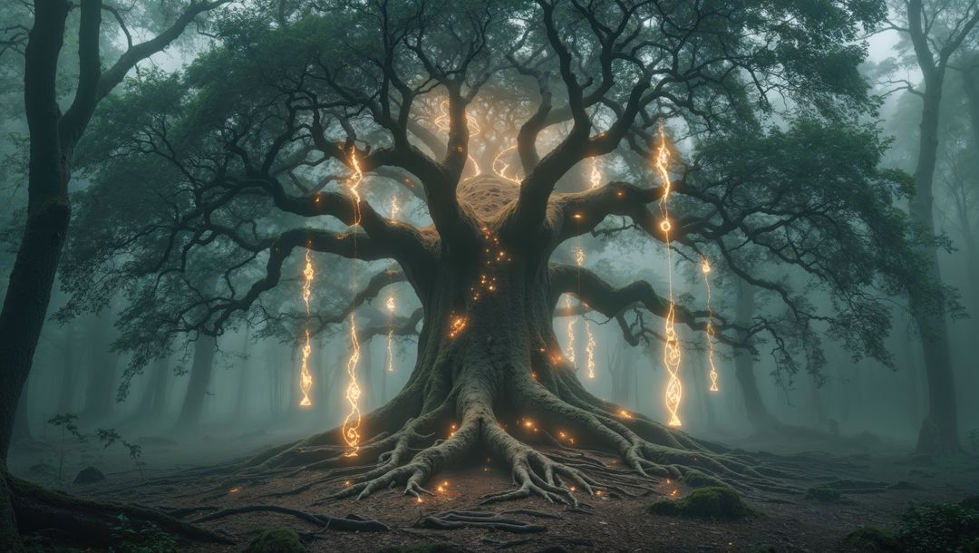 Enchanted glowing dreaming tree with mystical symbols in misty forest clearing