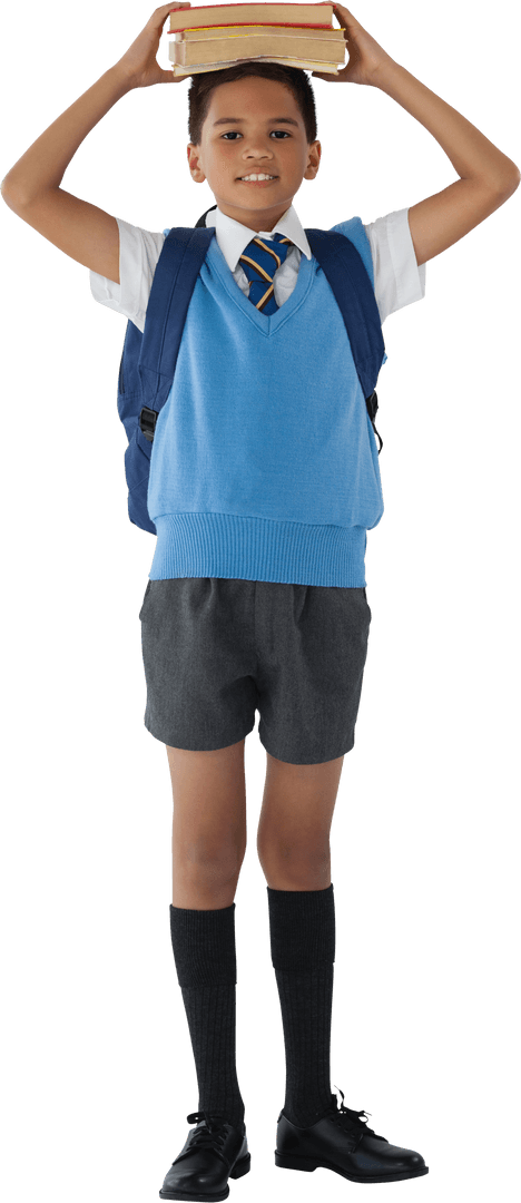 Schoolboy Balancing Books on Head Transparent Background