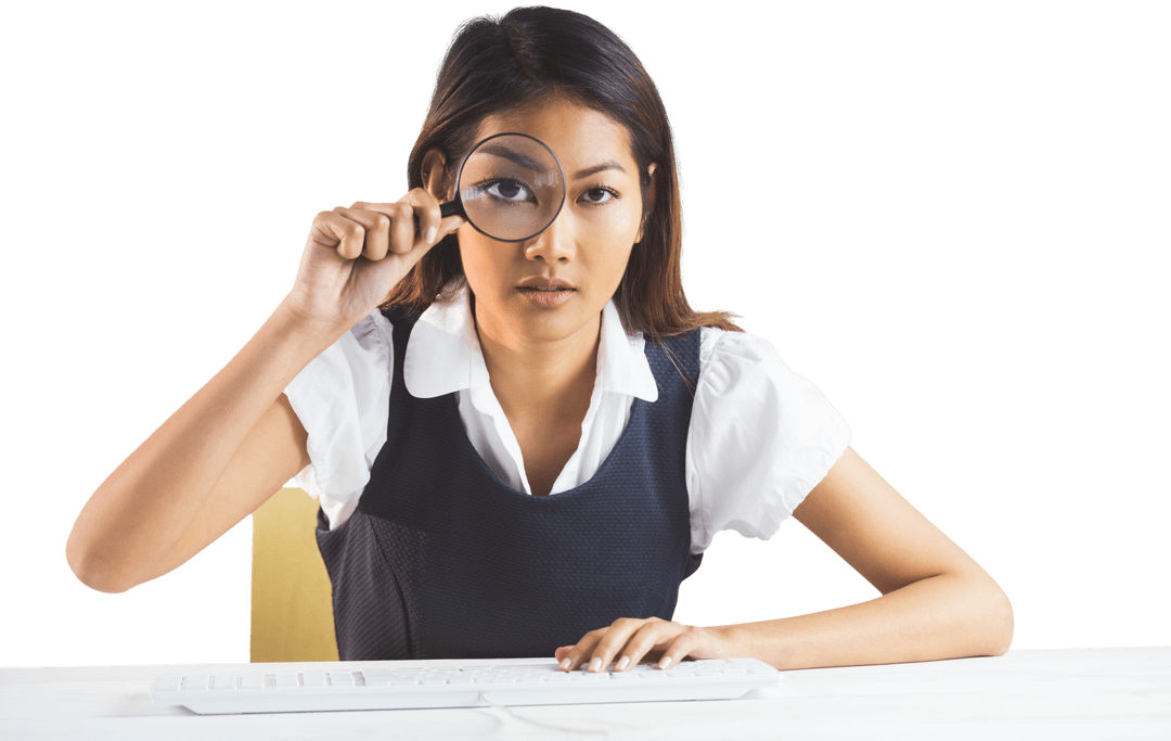 Transparent Businesswoman Curiously Examining through Magnifying Glass