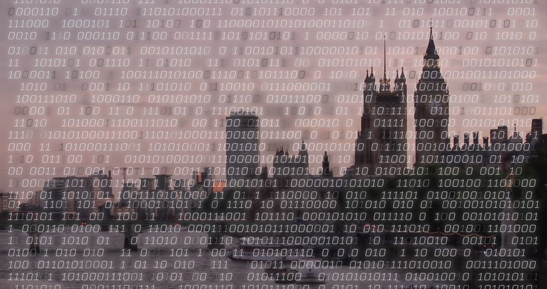 Binary Code Overlay on London Cityscape at Sunset