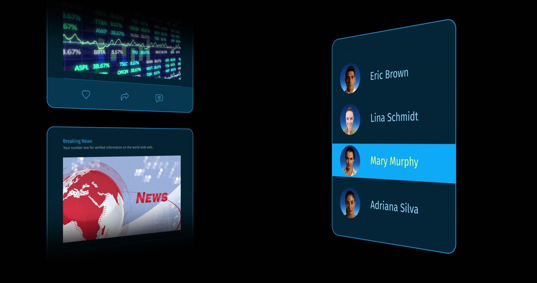 Digital Interface with Social Media Posts on Black Background