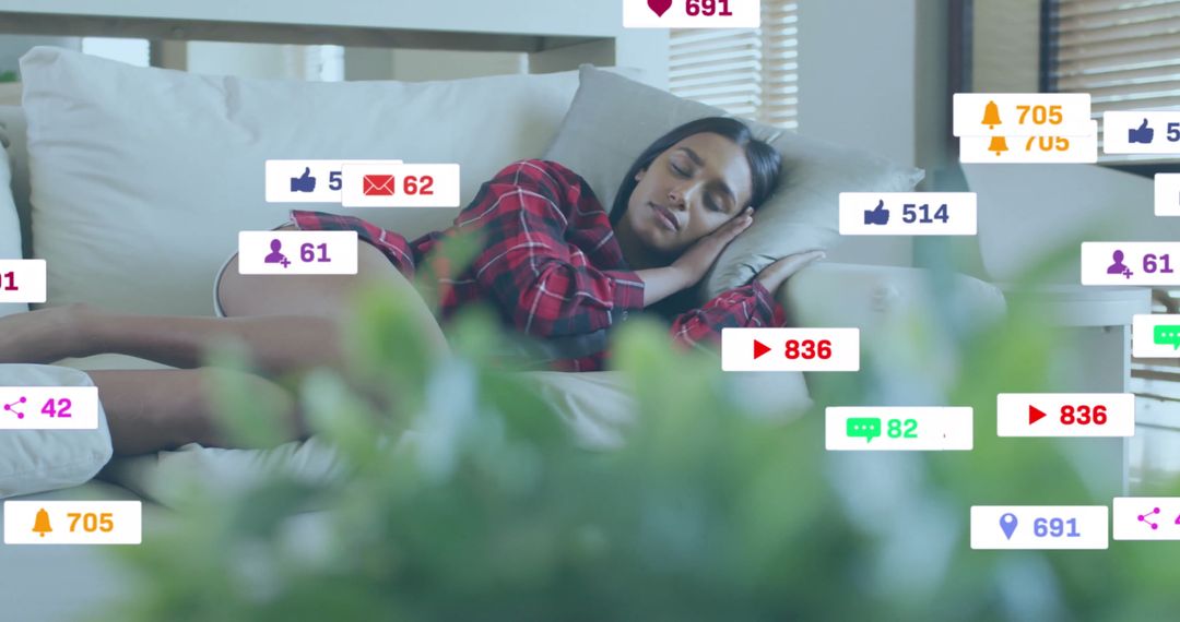 Woman Sleeping with Social Media Notifications Surrounding Her