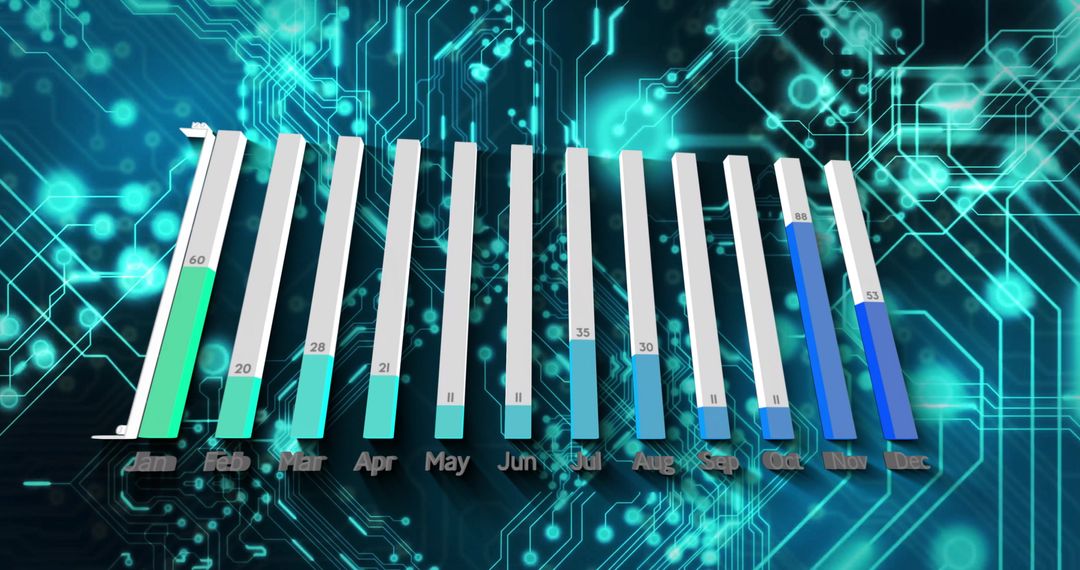 Digital 3D Bar Graph Overlays Circuit Board Background