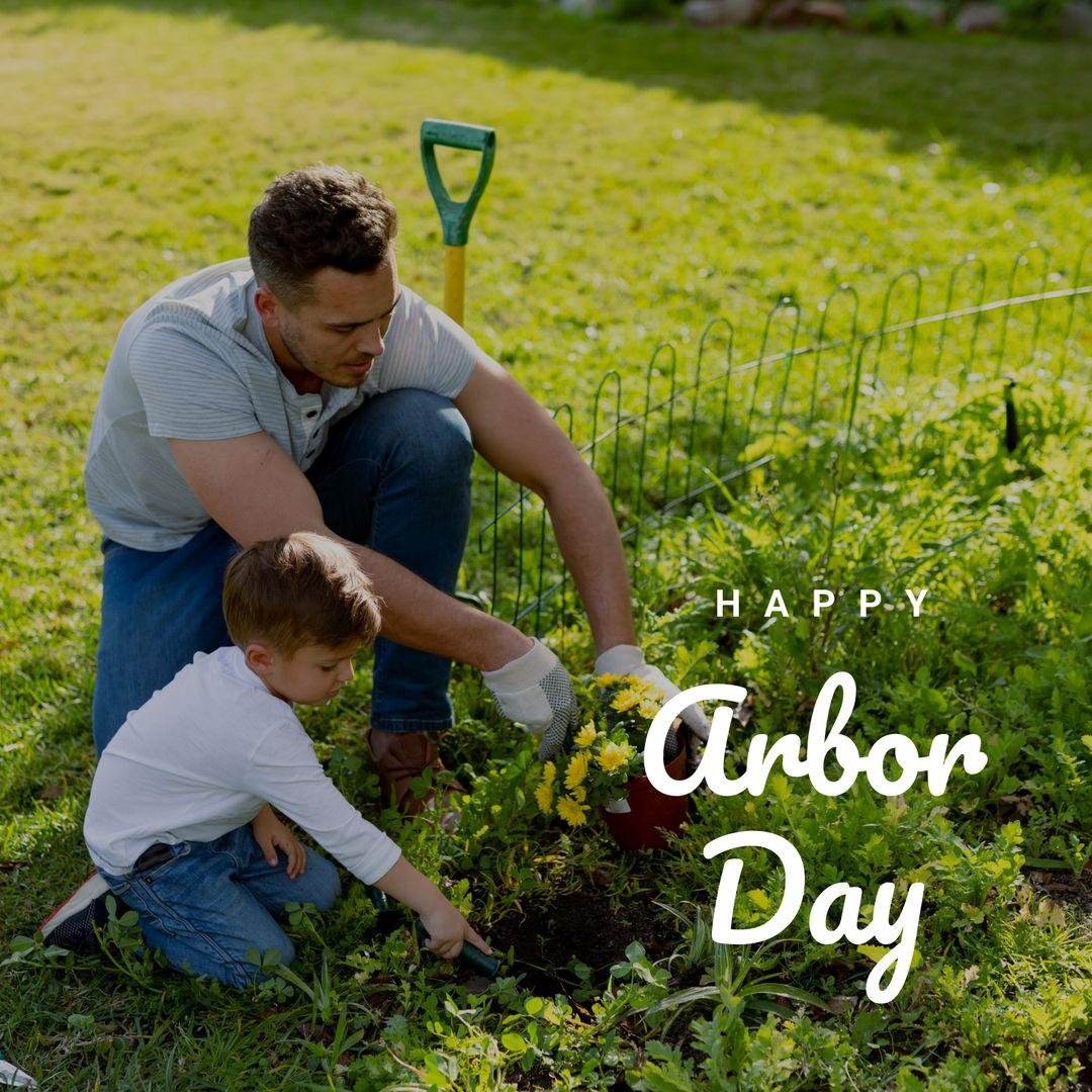 Father and Son Enjoying Gardening on Arbor Day