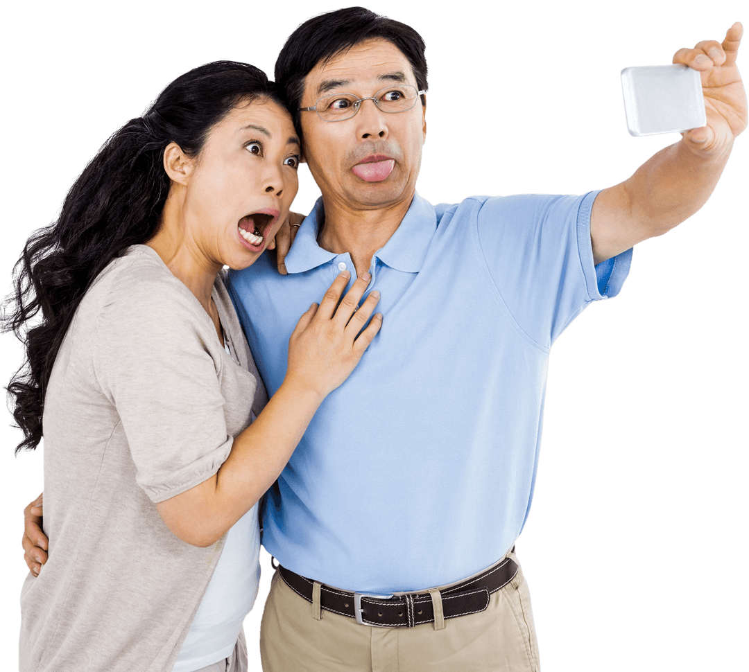 Couple Making Funny Faces While Taking Selfie on Transparent Background