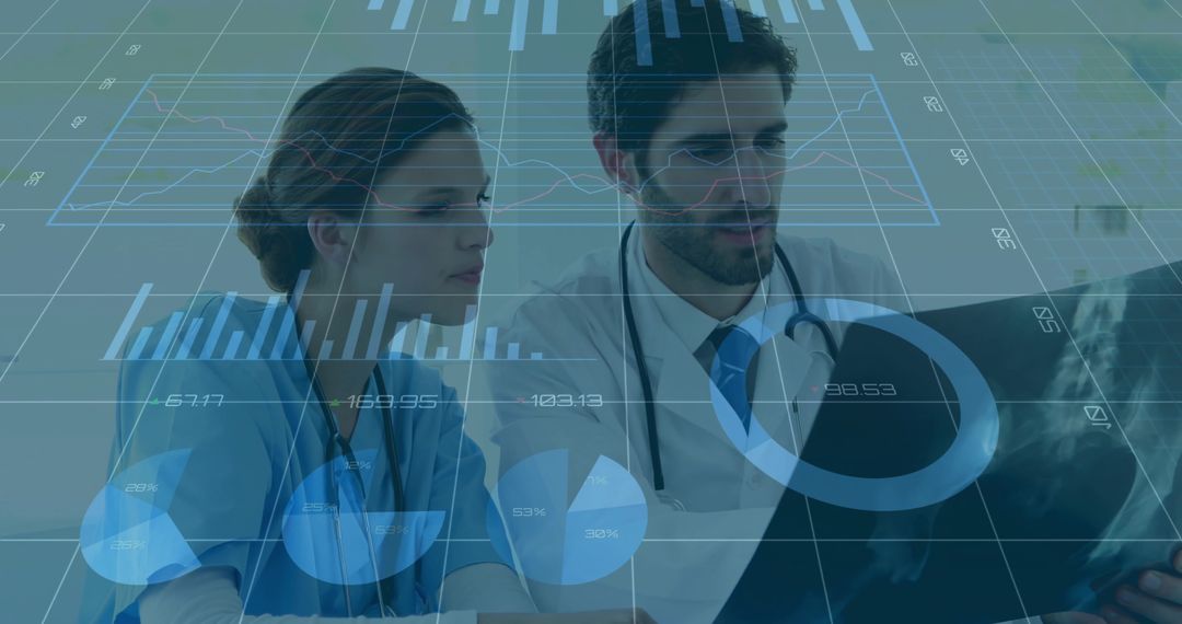 Medical Professionals Analyzing Digital Data with X-Ray and Graphs