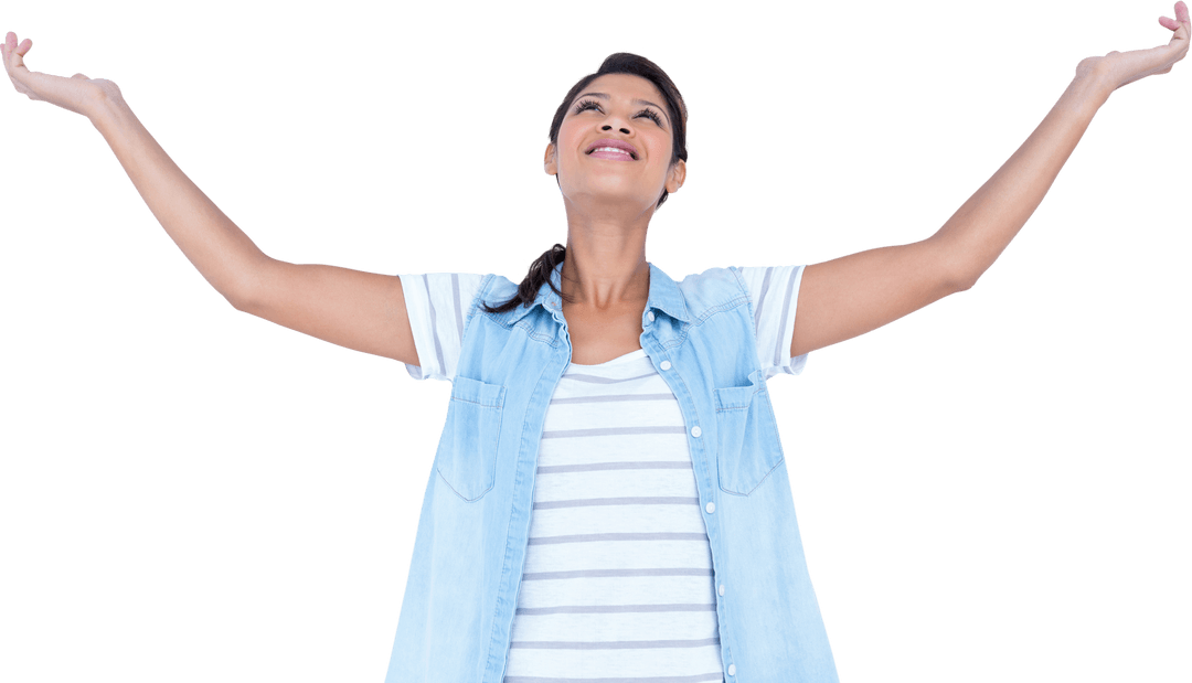 Joyous Woman Looking Up with Outstretched Arms on Transparent Background