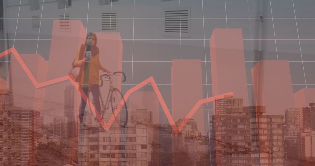 Businesswoman with Bicycle Over Infrared Data City Background