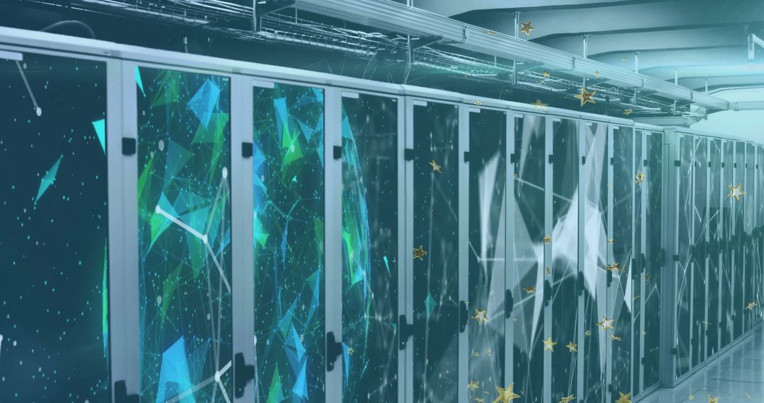 Futuristic Server Racks with Digital Polygon Overlays in Data Center