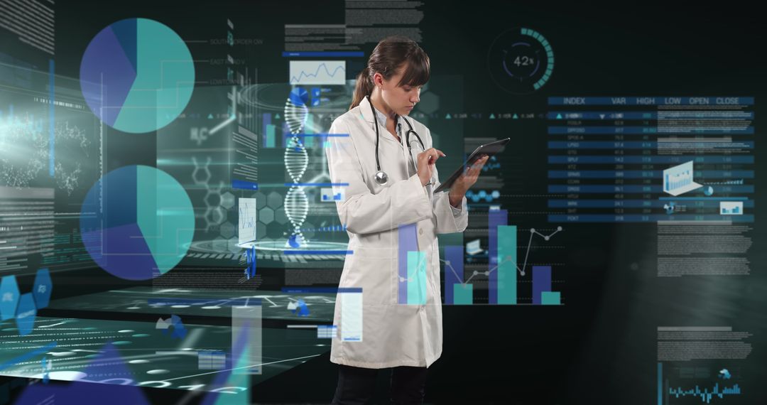 Female Doctor Analyzing Data with Digital Graphics Overlay