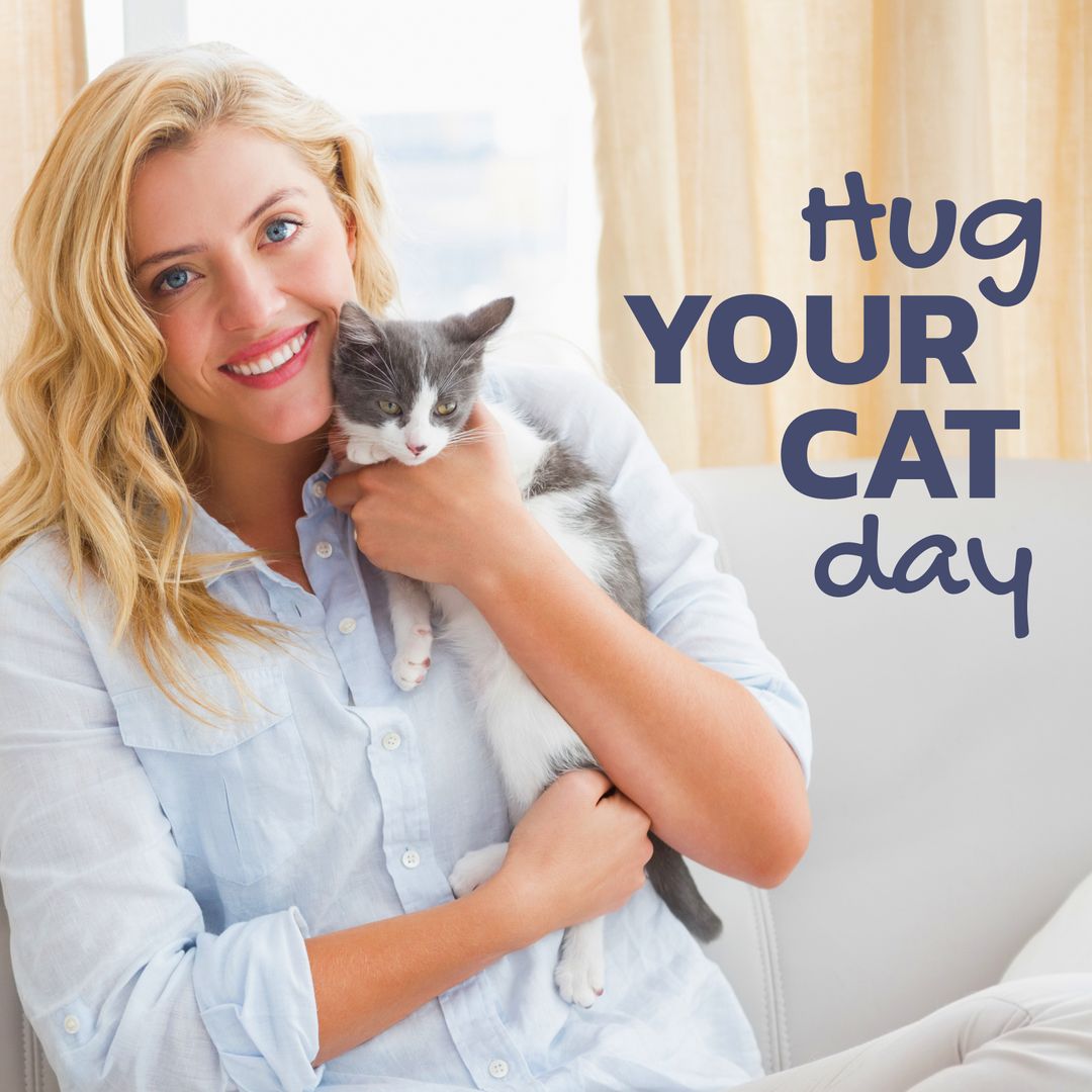 Woman Celebrating Hug Your Cat Day with Cute Kitten