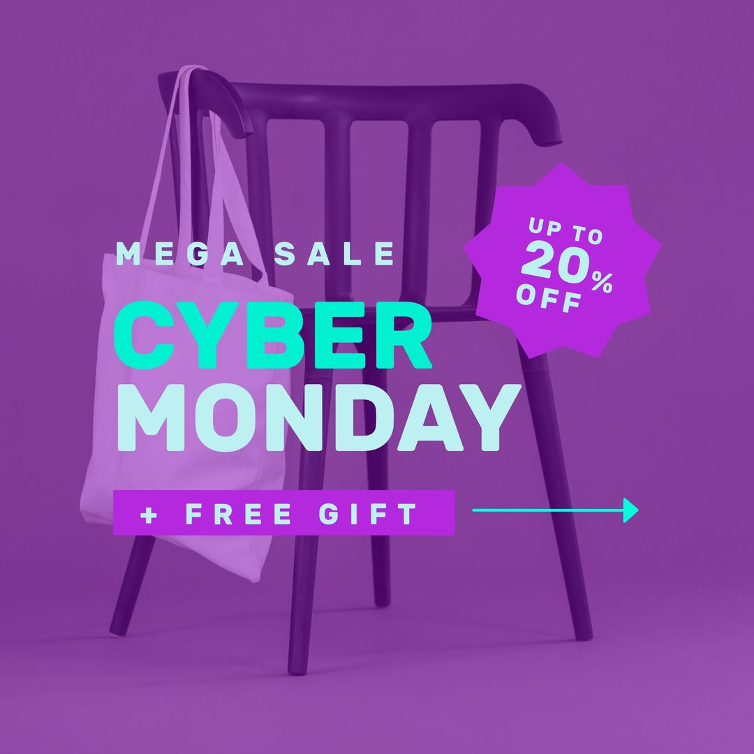 Square picture of cyber monday mega sale text over shopping bag on chair - Download Free Stock Templates Pikwizard.com
