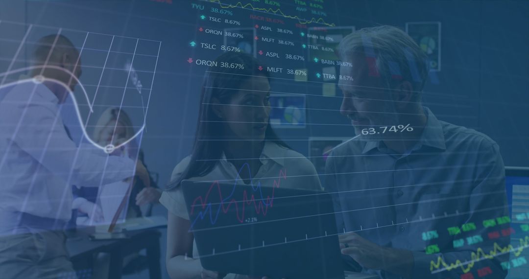 Collaborating Colleagues Analyzing Stock Market Data on Laptop