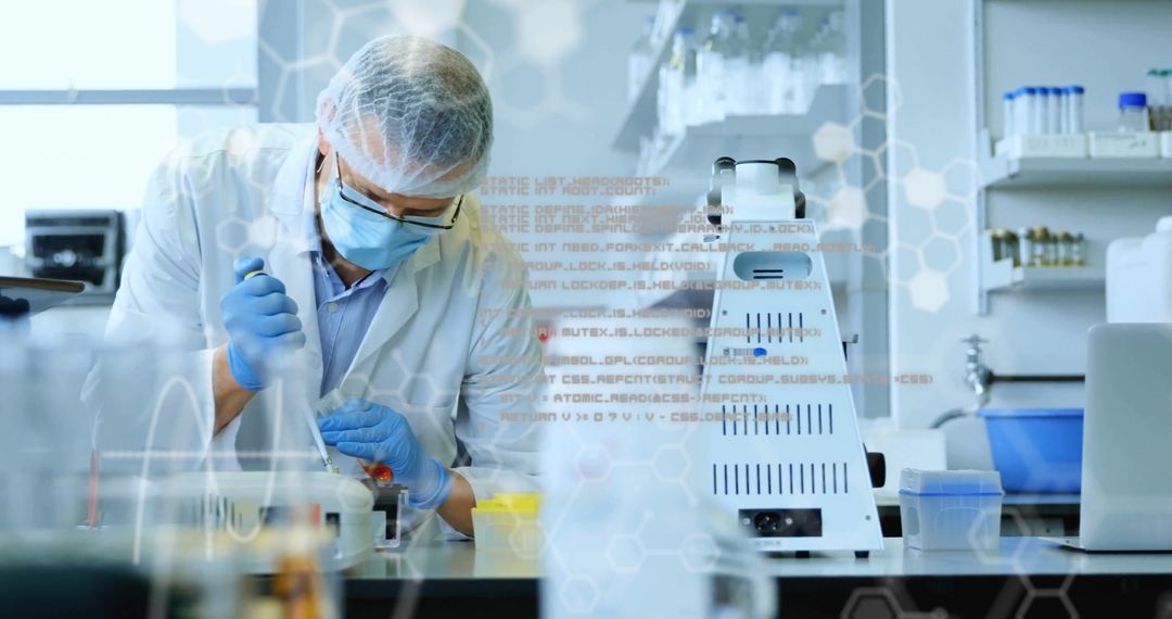 Scientist Conducting Experiment with Digital Data Overlay