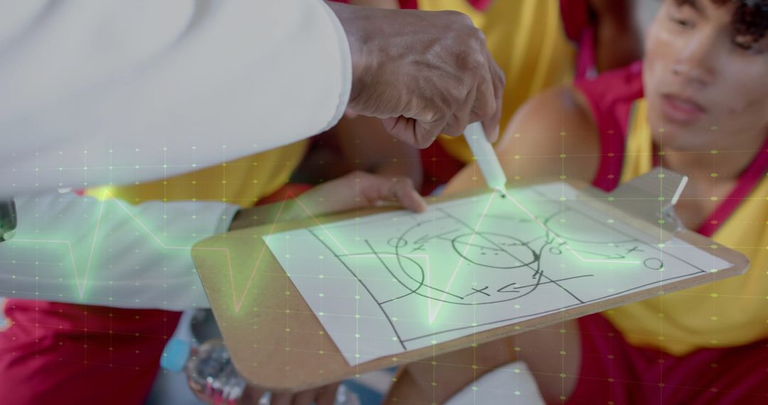 Coach Demonstrating Basketball Strategy with Digital Overlay