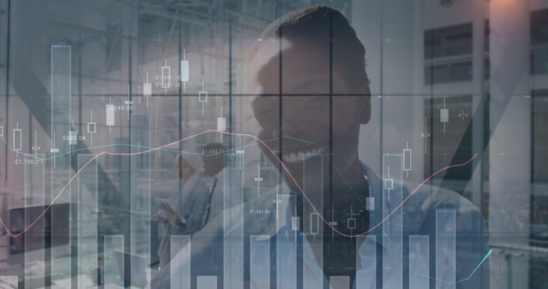 Businesswoman Smiling with Financial Data Overlapped in Office Setting