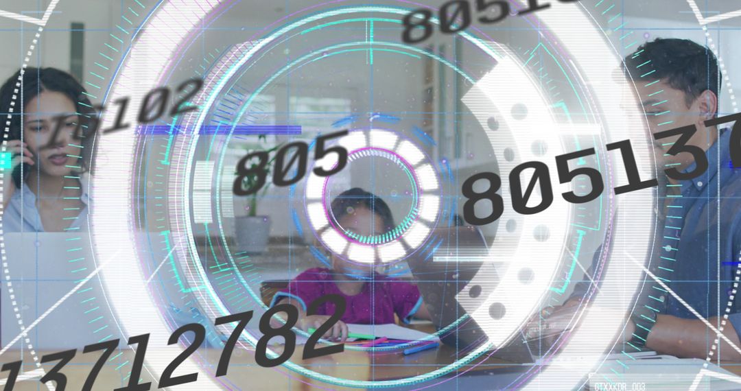 Family Engaged in Remote Learning with Futuristic Tech Overlay