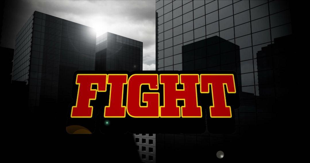 Dynamic Fight Text Overlay Against Urban Sky