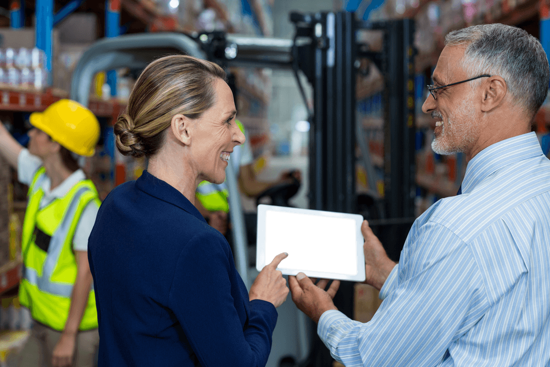 Warehouse Collaboration with Digital Tablet and Transparent Background