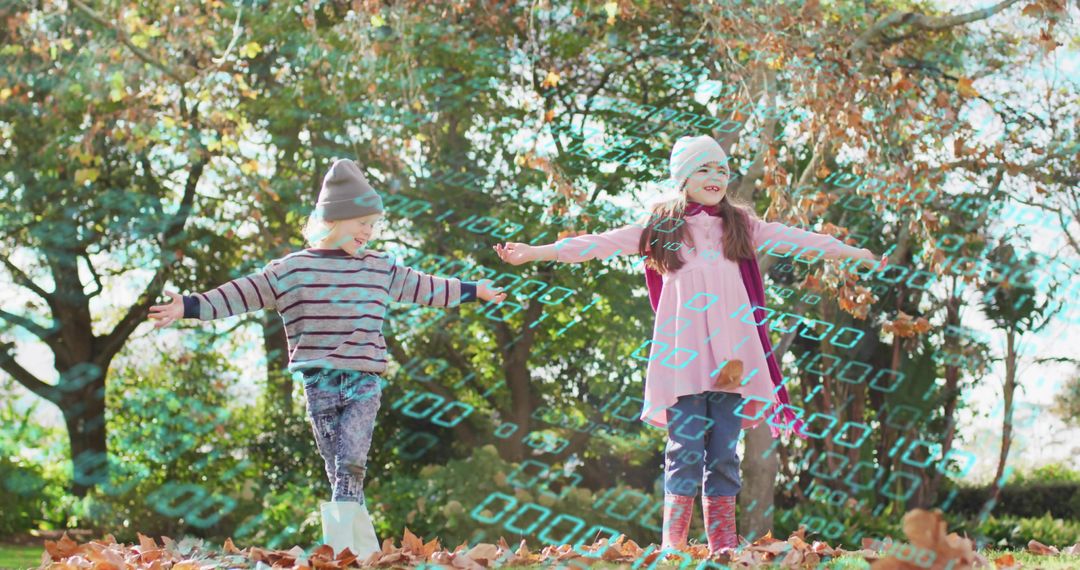 Children Playing in Autumn Park with Futuristic Binary Data Overlay