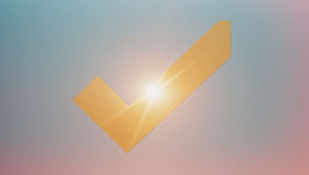 Golden 3D Check Mark with Sunburst on Pastel Background