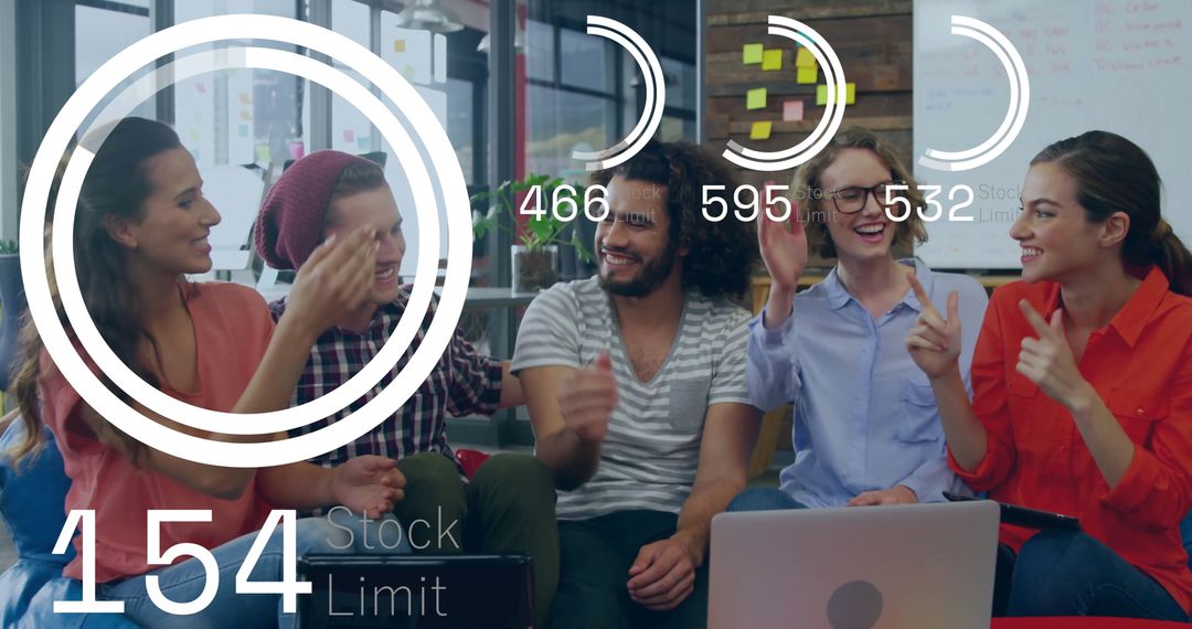 Diverse Team Brainstorming with Digital Analytics Overlay