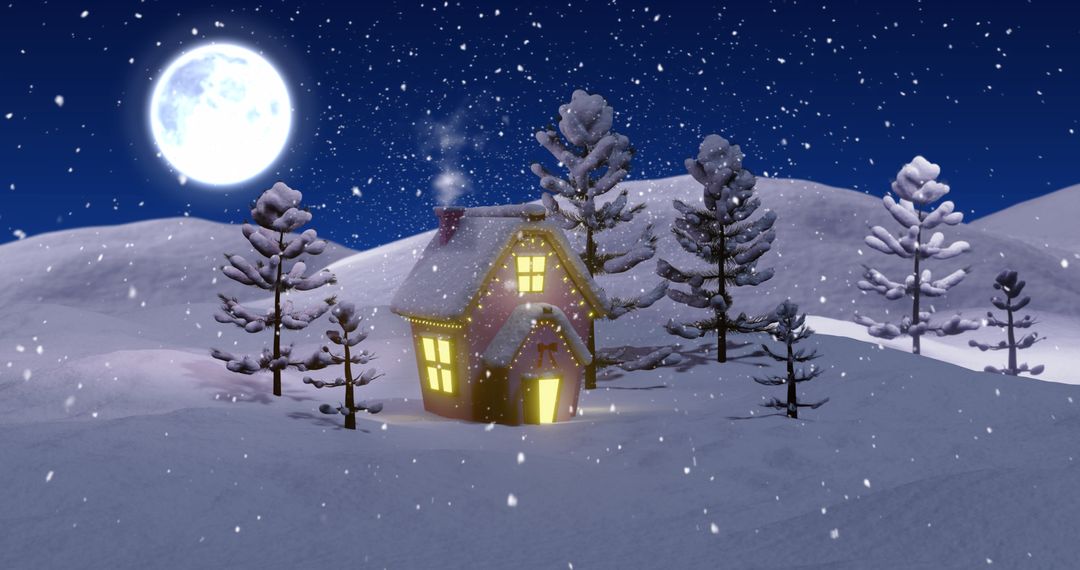 Snow-Covered Cottage in Moonlit Christmas Landscape - Free Images, Stock Photos and Pictures on Pikwizard.com