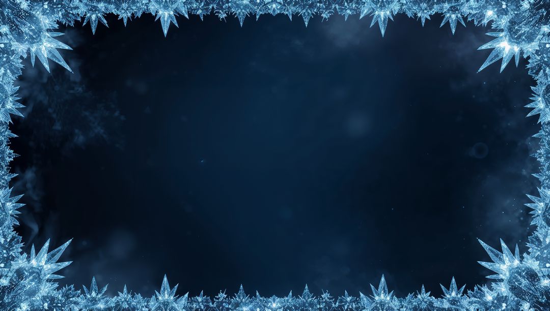 Frosted Ice Crystal Border Framing Dark Navy Blue Background with Snowflake Spikes