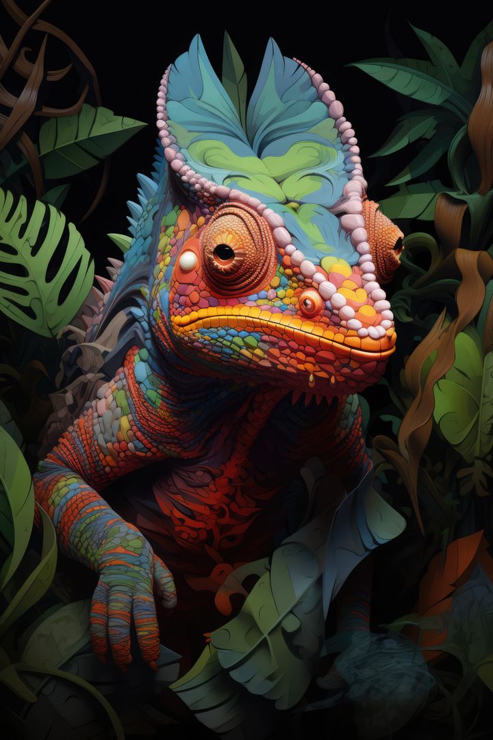 Vibrant Multicolored Chameleon in Lush Jungle - Free Images, Stock Photos and Pictures on Pikwizard.com