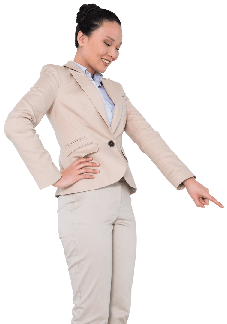 Smiling Asian Businesswoman Presenting Point Down Transparent