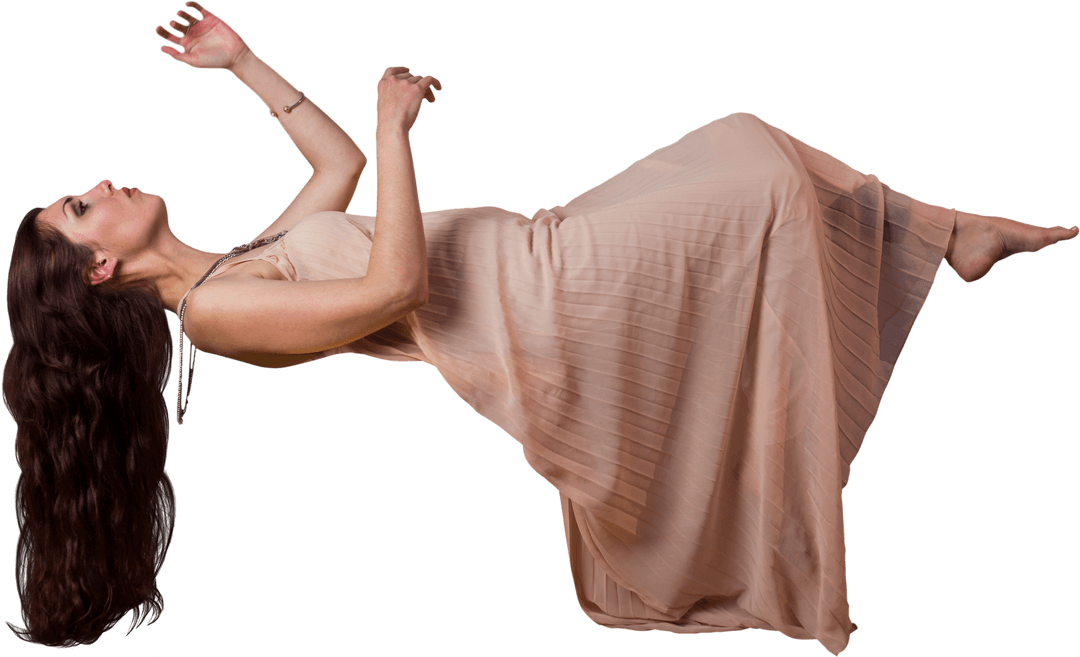 Elegant Woman in Flowing Dress Appearing to Levitate on Transparent Background